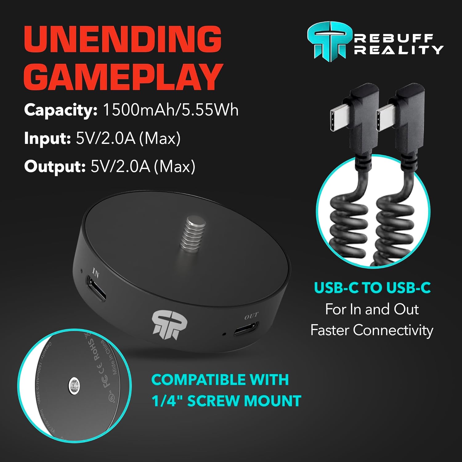 Power Puck USB-C port, mounting screw and included charging cable