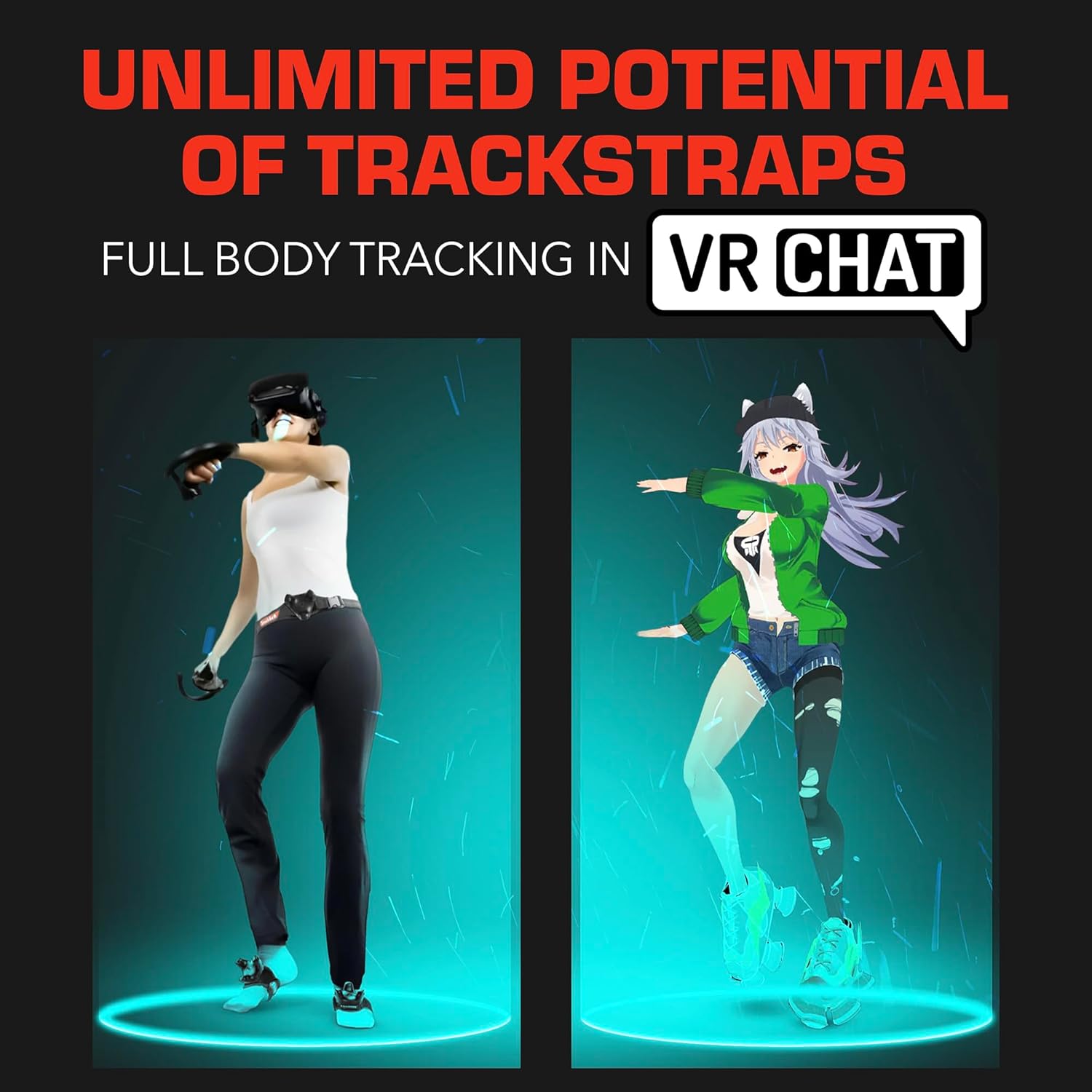 A wearer with waist and foot trackers alongside a matching VRChat avatar