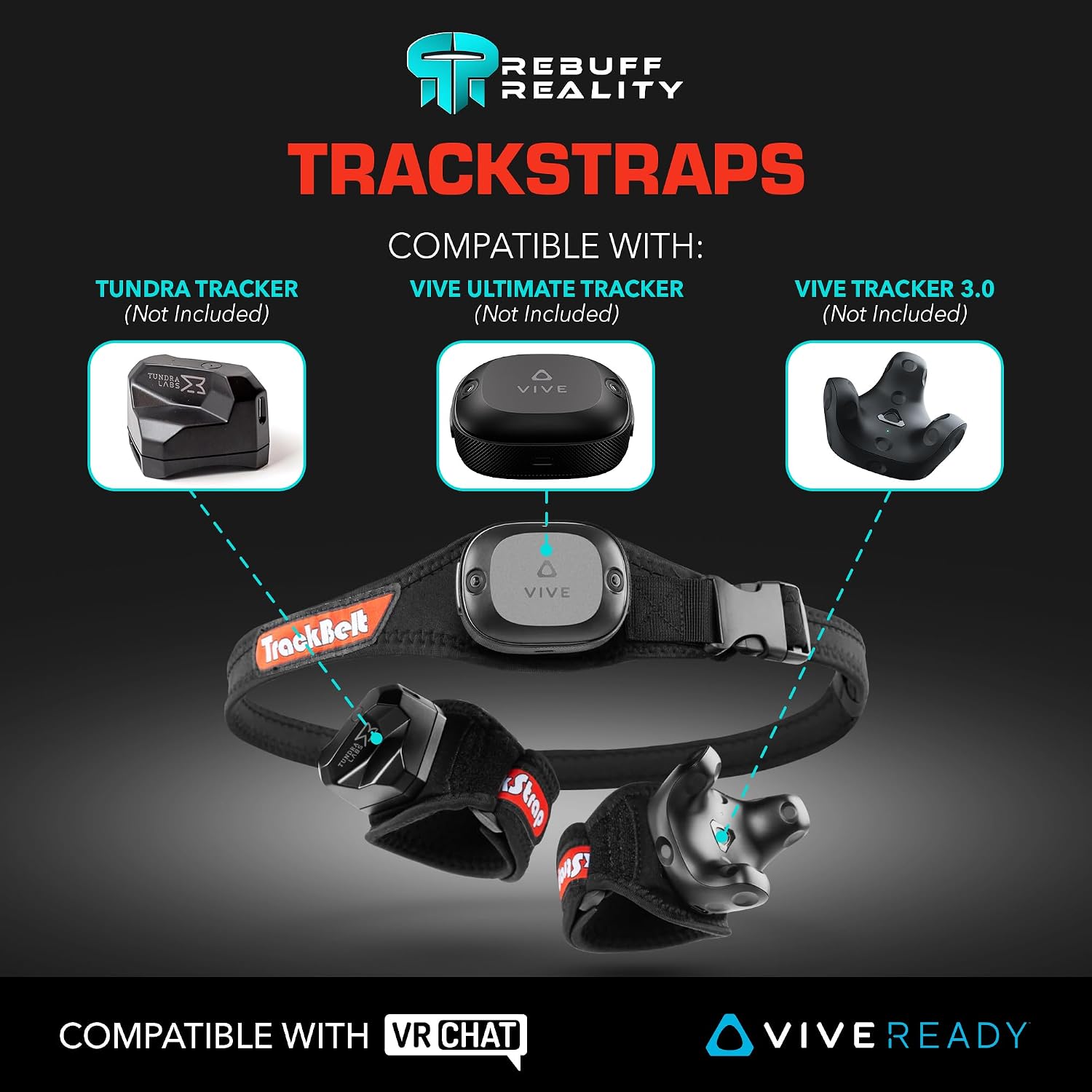 Original Trackstrap shown with compatible VIVE and Tundra trackers, sold separately