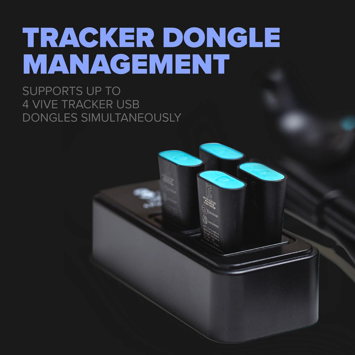 Four tracker dongles connected to the 4-port USB hub