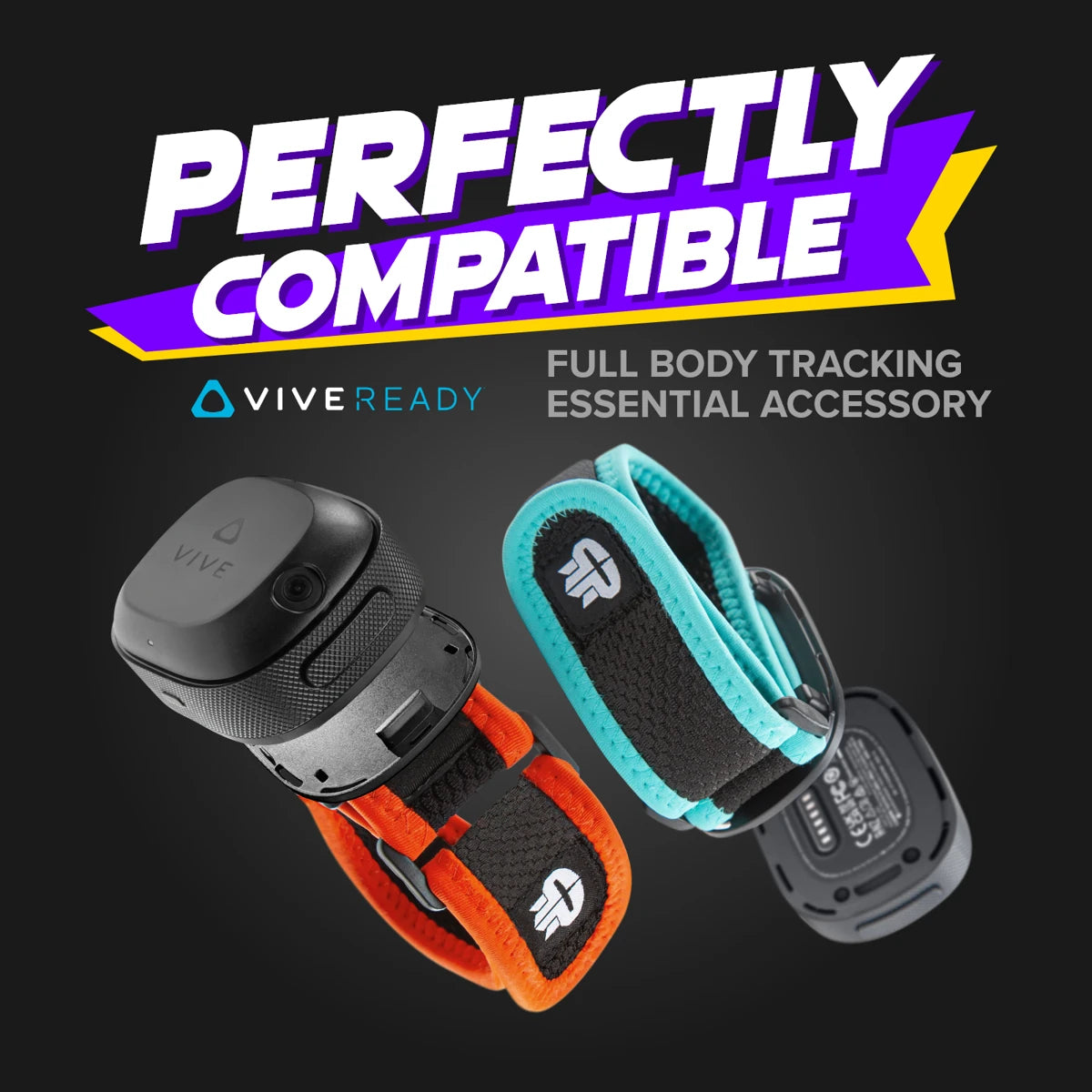 Red and blue Trackstrap mounting bases with VIVE Ultimate trackers, sold separately