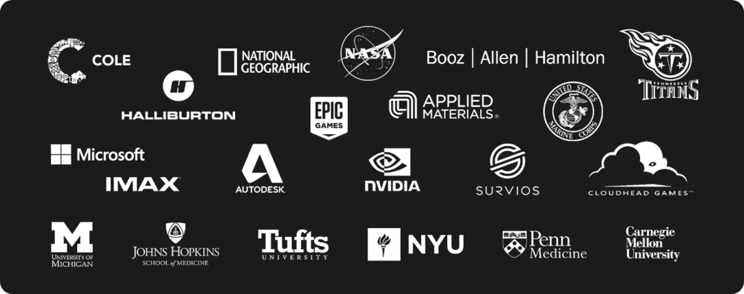 Rebuff Reality enterprise showcase: COLE, National Geographic, NASA, Booz Allen Hamilton, Tennessee Titans, Halliburton, Epic Games, Applied Materials, U.S. Marine Corps, Microsoft, IMAX, Autodesk, NVIDIA, Survios, Cloudhead Games, University of Michigan, Johns Hopkins School of Medicine, Tufts University, NYU, Penn Medicine, Carnegie Mellon University