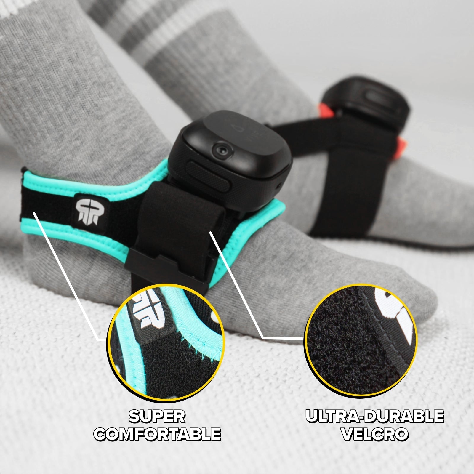 Close-up of VIVE Ultimate Elite foot Trackstrap material and fastening, shown with a separately sold tracker
