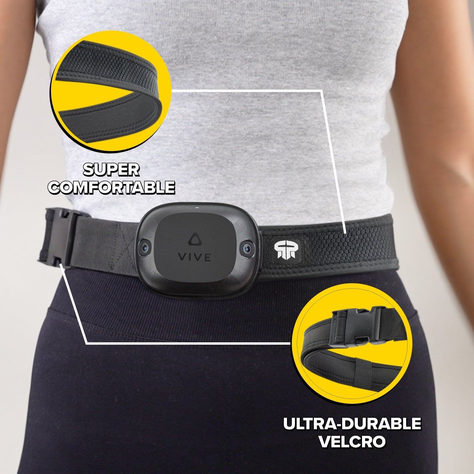 VIVE Ultimate waist belt worn with a separately sold tracker and close-ups of fastening material